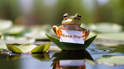 Fototapeten Cute frog holding banner with text. Leap day, one extra day - leap year 29 February  © triocean