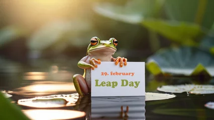 Gordijnen Cute frog holding banner with text. Leap day, one extra day - leap year 29 February  © triocean