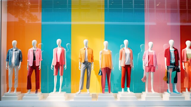 A colorful and stylish fashion display with mannequins dressed in trendy outfits, highlighting modern retail and visual merchandising concepts.