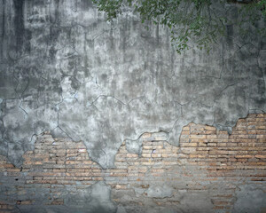 Old brick wall and old gray cement wall with cracked color with tree up some space