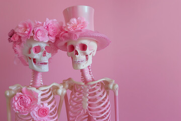 Love couple of skeletons with pastel pink flowers against pastel pink background. Valentines concept. Love theme