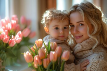 Portrait of happy mother with tulips flowers bouquet hugging her little son