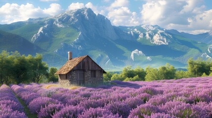 A real rustic hut in the middle of a blooming lavender field in Provence