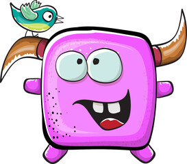 Vector cartoon funny pink monster with horn isolated on white background. Smiling silly pink monster print sticker design template. Ghost, troll, gremlin, goblin, devil and monster