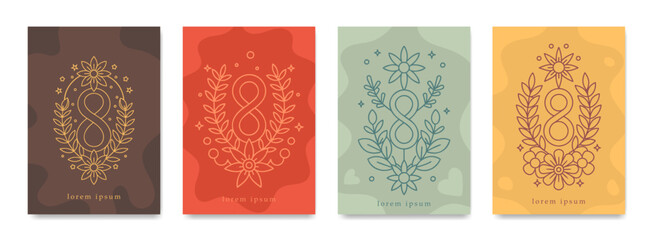 Elegant floral design for the celebration of March 8th. A set for postcards, flyers, banners, etc.