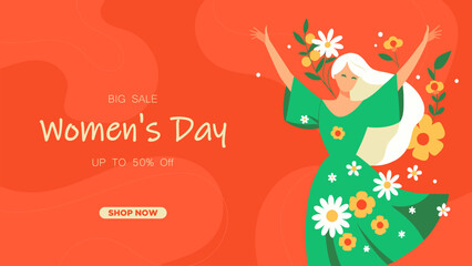 Obraz na płótnie Canvas Cartoon banner big sale for women's day. A happy woman surrounded by flowers.