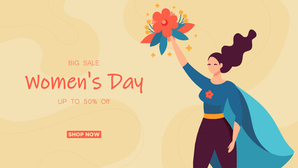 Cartoon banner big sale for women's day. A happy female hero with a bouquet.