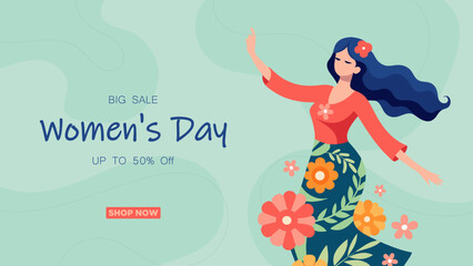 Cartoon banner big sale for women's day. A happy woman surrounded by flowers.