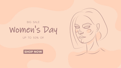 Creative banner big sale women's day. Portrait of a woman made by lines