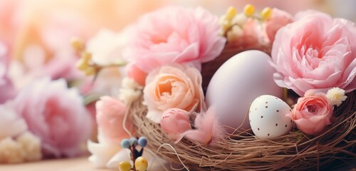 Fototapeta na wymiar Easter Serenity: Pastel Eggs in Nest with Blossoms