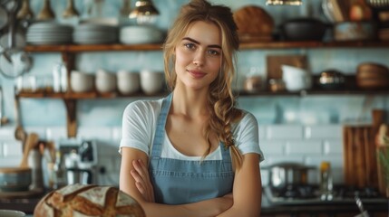 A woman stands in the kitchen.