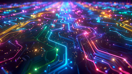 A colorful neon digital landscape of intricate circuitry glowing lines of code weaving through a vast network of processors. Technology background.