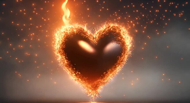 Illustration of burning heart isolated on black background, generative ai