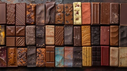 Top view of a pile of chocolate bars, assorted varieties, stacked neatly, rich brown hues