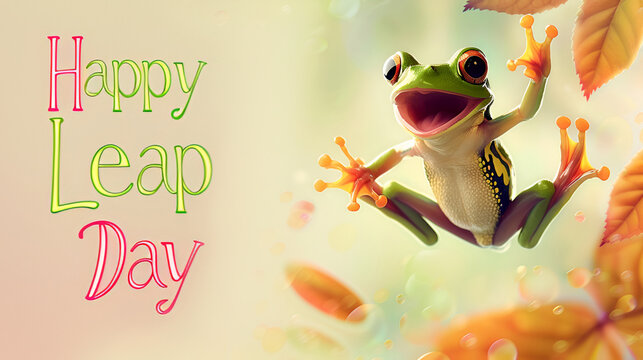 A joyful Green frog is jumping on a pastel background with the text "Happy Leap Day". February 29th leap year day concept