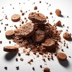 Delicately scattered chocolate biscuit crumbs: minimalist composition, top-down perspective