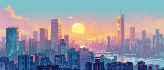 Futuristic Cityscape at Sunset Illustration