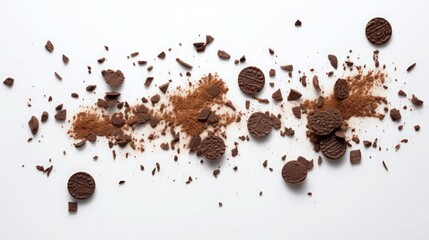 Delicately scattered chocolate biscuit crumbs: minimalist composition, top-down perspective