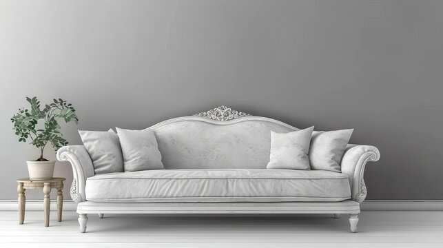 white sofa on  gray wall, modern living room interior