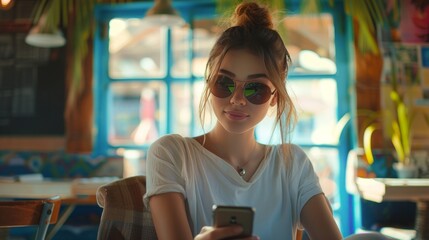 A young beautiful woman with her hair tied in a ponytail and wearing sunglasses sits in a village cafe
