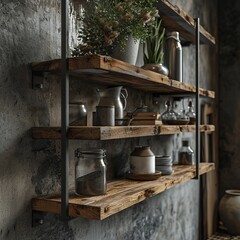 Fototapeta na wymiar Rustic Wooden Shelves with Decorative Items and Plants on Textured Wall