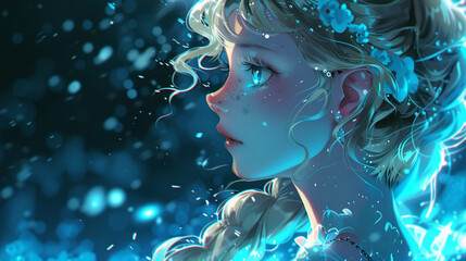 A high quality anime artstyle wallpaper in 4K depicting a blonde young woman with blue eyes and long curly pigtails in a side view The artwork reminiscent of Guweizs style