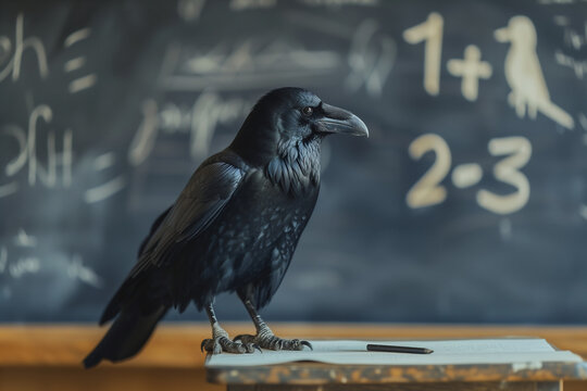 Raven in Classroom with Pencil and Equations. Generative AI image.