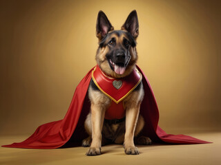 A charismatic German Shepherd transforms into a courageous superhero against a backdrop of vibrant yellow. With a red cloak billowing behind and a mask adorning its face. Ai Generative
