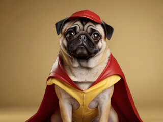 A charismatic pug, embodying the essence of a superhero, leaps with gusto against a backdrop of vivid yellow, symbolizing the spirit of adventure and courage. Ai Generative