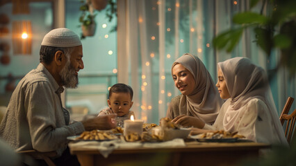 Islamic family sharing food during ramadan supper - obrazy, fototapety, plakaty