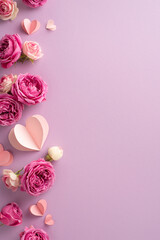 Women's Day scene. Overhead vertical perspective of paper hearts, and vibrant roses scattered on a light lilac background, designed with empty space for text or marketing