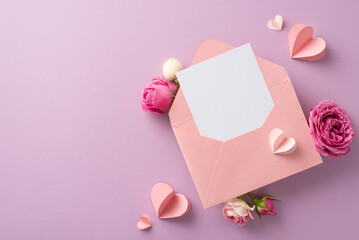 Women's Day concept. TOP view of envelope with sentimental card peeking out, paper hearts, and...