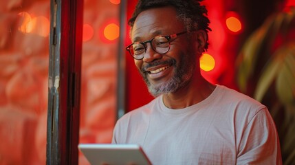 Man using a tablet to browse the web, network online, and scroll on the app while standing in front of a red studio background. An African male reading an email and typing on the device.