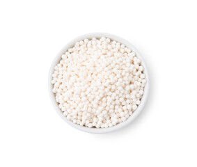 Tapioca pearls in cup isolated on white, top view