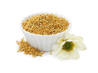Fresh bee pollen granules in bowl and flower isolated on white
