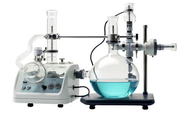 Flask and Condenser Equipped Rotary Evaporator Isolated on Transparent Background PNG.