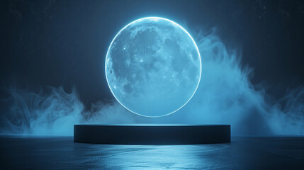 empty black podium front of the big glowing blue moon on space and stars background with smoke