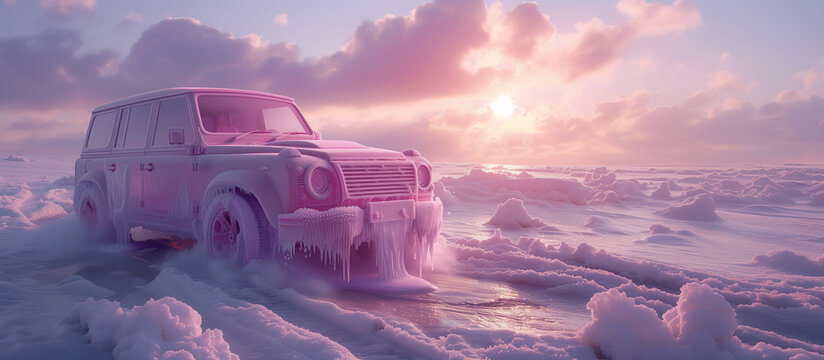 Frozen Journey: Icy Pink Sunrise Over a Car Made of Ice Cream in a Winter Wonderland