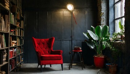 Red armchair, garage studio and loft style shot in dark light