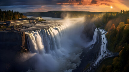 Stunning Waterfall Beneath Majestic Rainbow,,
A waterfall with a sunset in the background