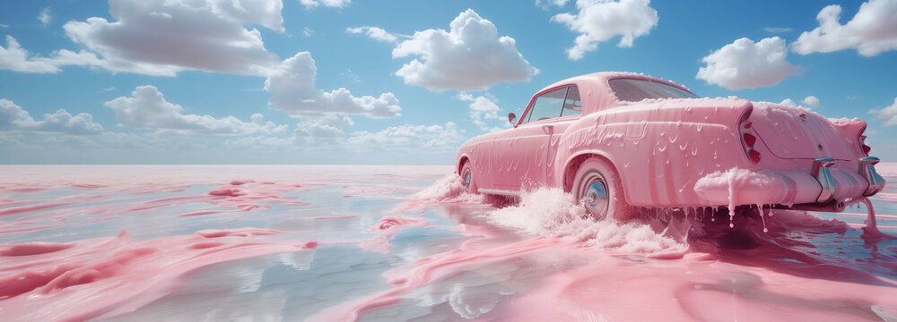 Candy Car Voyage: Pink Ice Cream Vehicle Surfing the Creamy Waves