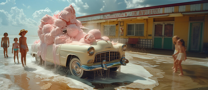 Beach Frolic: Retro Ice Cream Car and Children Playing in Foam Waves