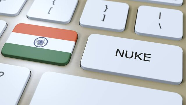 India National Flag and Text Nuke. Country Using Nuclear Weapon Concept 3D Animation