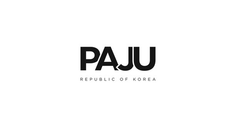 Paju in the Korea emblem. The design features a geometric style, vector illustration with bold typography in a modern font. The graphic slogan lettering.