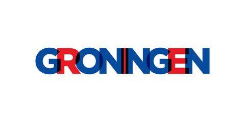 Groningen in the Netherlands emblem. The design features a geometric style, vector illustration with bold typography in a modern font. The graphic slogan lettering.