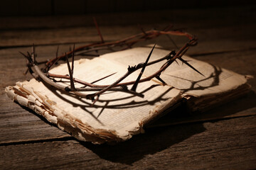 Crown of thorns and Bible on wooden table, closeup
