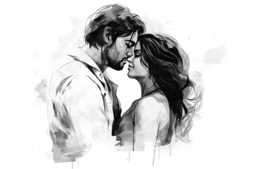 Fototapeta premium couple facing each other before kiss in monochrome black and white ink style isolated on white