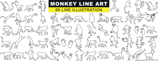 Monkey Line Art Collection, 60 unique, detailed illustrations. Perfect for educational materials, creative projects, coloring books. Expressive poses, activities showcased