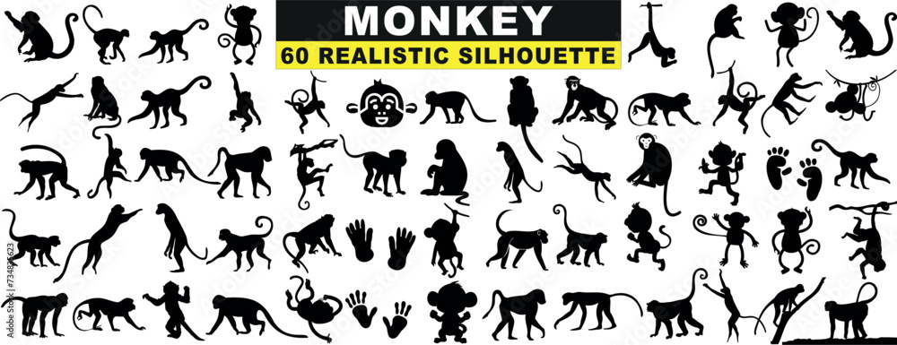 Wall mural monkey silhouette collection, 60 unique, realistic poses. ideal for design, vector art, graphics. en