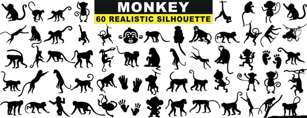 Monkey Silhouette Collection, 60 unique, realistic poses. Ideal for design, vector art, graphics. Enhance creative projects with these detailed, high quality images. Versatile use in print, web design - obrazy, fototapety, plakaty
